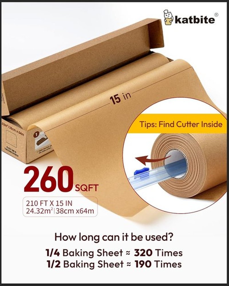 Katbite Unbleached Parchment Paper Roll - Heavy Duty Non-Stick Baking Paper, 15 in x 210 ft
