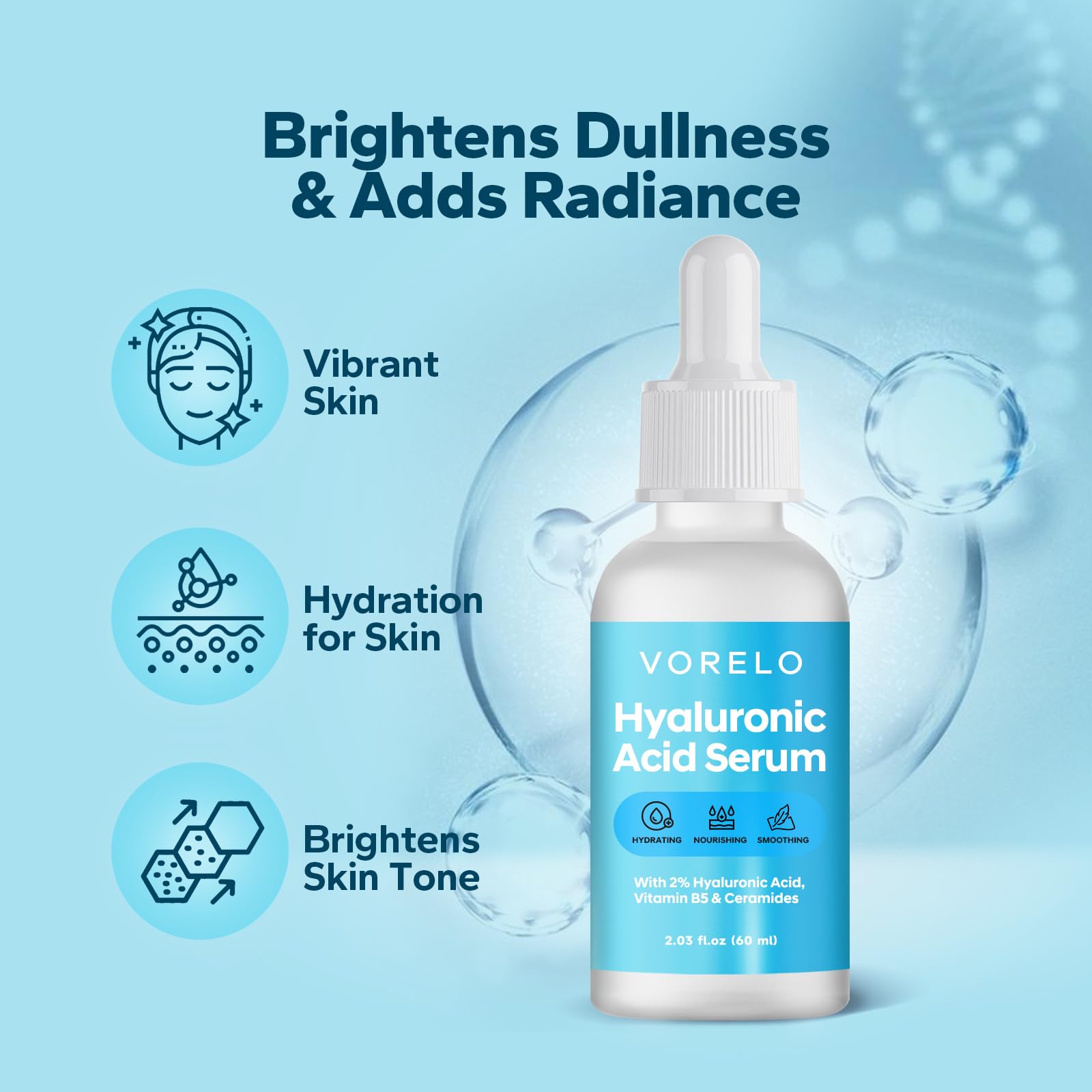 Vorelo Hyaluronic Acid 2% + B5 and Ceramides (2.03 fl.oz), Hyaluronic Acid Serum for Daily Hydration, Lightweight Formula Absorbs Quickly to Leave Skin Feeling Plumper and Smoother, Non-Sticky Finish