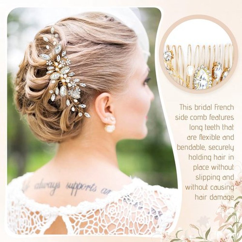 inSowni 4 Pieces Gold Metal Wedding Bridal Rhinestone Hair Side Comb Slide+U-shaped Rhinestone Hair Pins Prom Party Headpieces for Brides Bridesmaids Women Girls