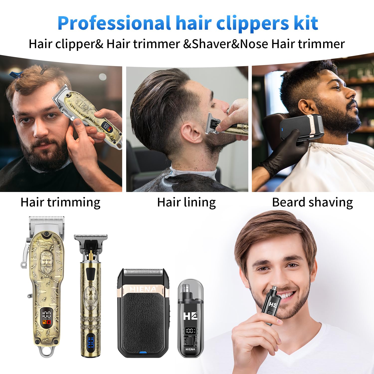 HIENA PRO Hair Clippers for Men Professional, Cordless Barber Clipper and T-Blade Beard/Hair Trimmer Set, Electric Razor Foil Shaver Nose Trimmer Barber Kit, Men's Hair Cutting Kit (249G Set)