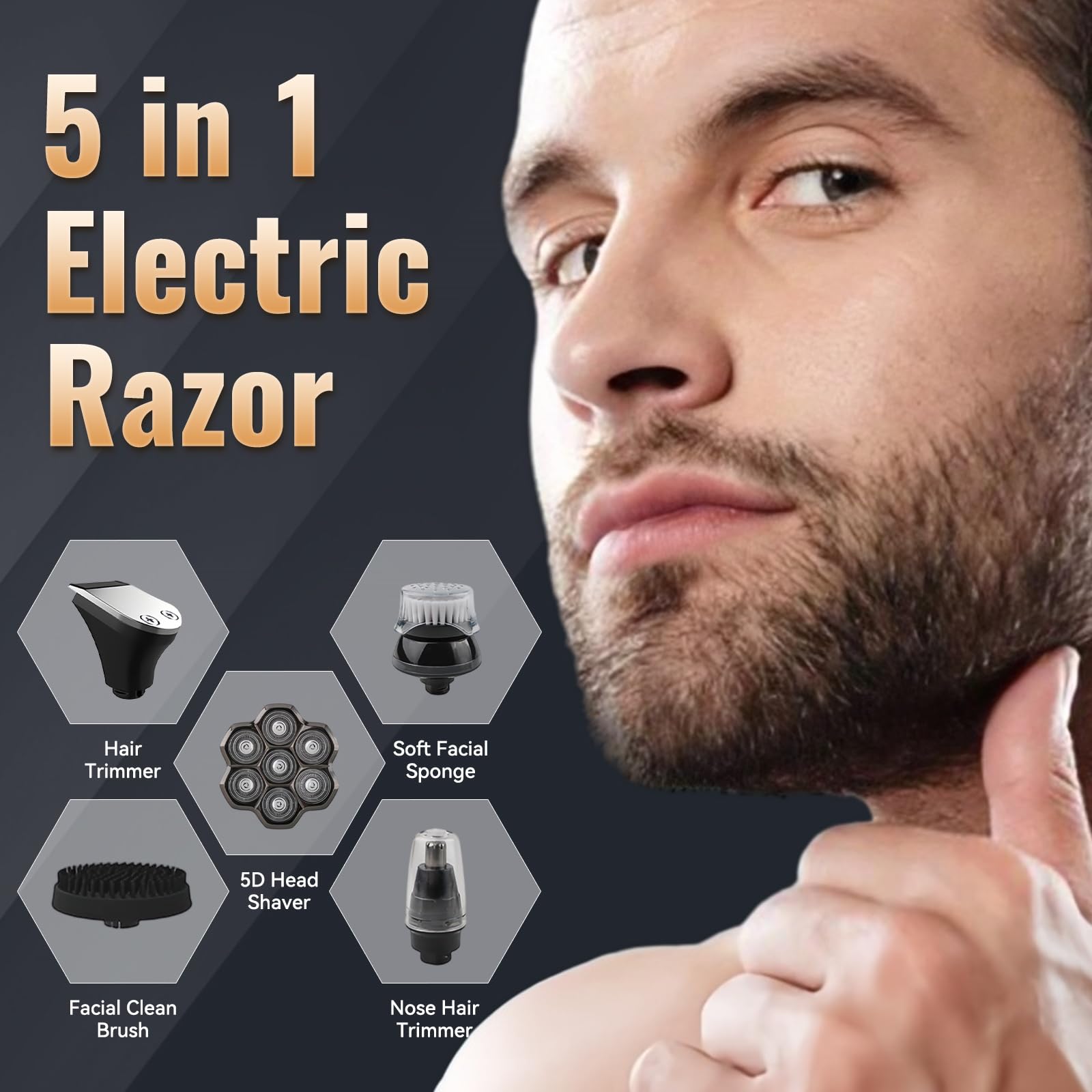 5 in 1 Head Shavers for Bald Men, 7D Skull Head Shaver with Rechargeable Battery, Electric Razor, Hair Clippers, Nose Hair Trimmer, Cleaning Brush, Hair Manager, Idea Gift for Men(White)