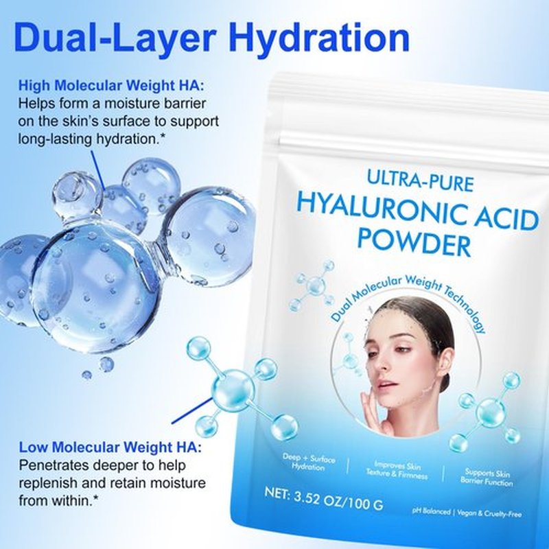 Pure Hyaluronic Acid Powder for Face & Joints, Dual Molecular Weight for Deep Hydration, Anti-Aging, DIY Serum Ingredient, Fragrance-Free, Vegan, 1 Scoop = 1 Bottle of Essence, 3.52 Oz