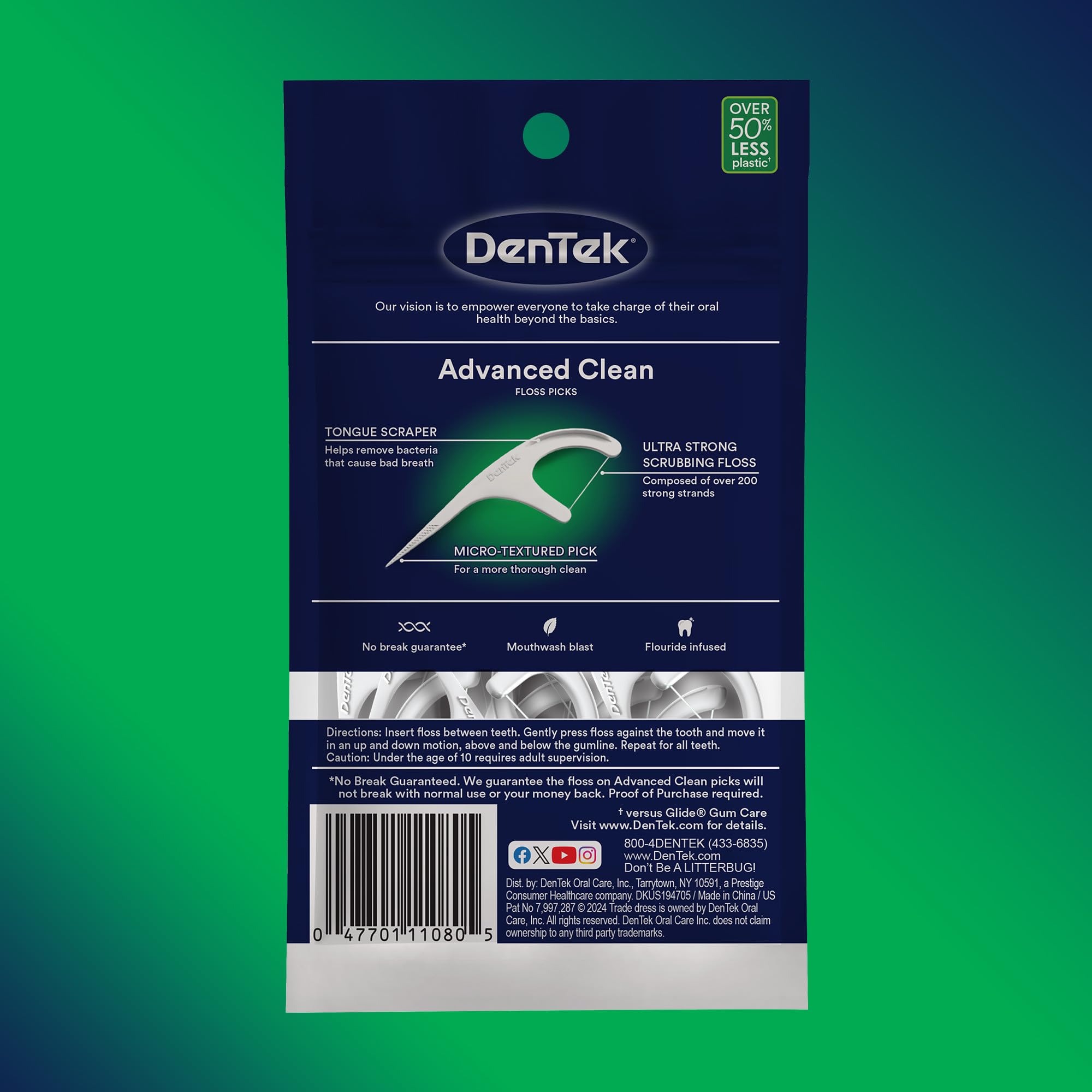 DenTek Advanced Clean Floss Picks with No Break & No Shred Dental Floss, Plaque Remover, 20 Count, Pack of 6