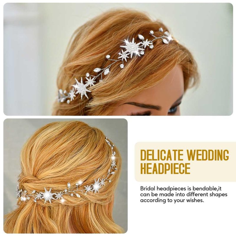 Unicra Star Rhinestone Bride Wedding Vine Gold Bridal Hair Piece Crystal Hair Accessory for Women and Girls (21 Inches) (Silver)