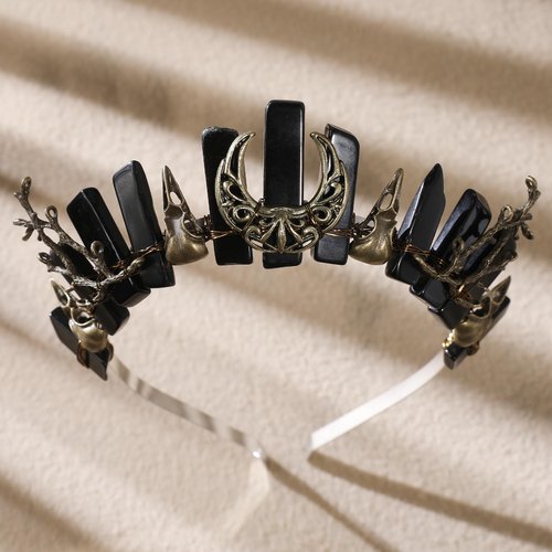 CoTeeZa Black Crystal Witch Crown for Women - Crow Skull Gothic Tiara Headband with Bronze Moon, Dark Queen Quartz Headpiece for Halloween Cosplay Wedding Prom Pageant Renaissance