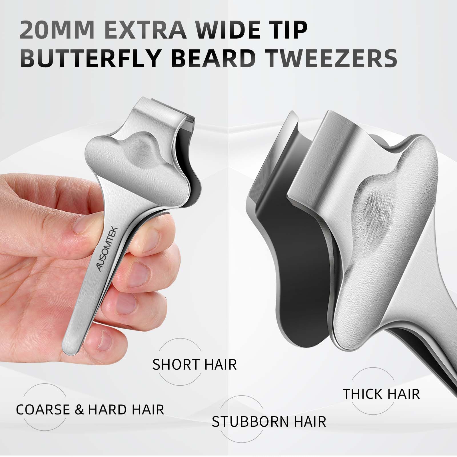 AUSOMTEK Butterfly Beard Tweezers, Hair Plucking, Fine Hair Removal Tweezers, Eyebrows Tool, Stainless Steel, 20mm Wide Tips, Anti-Slip Slot, Brown PU Case 1Pack