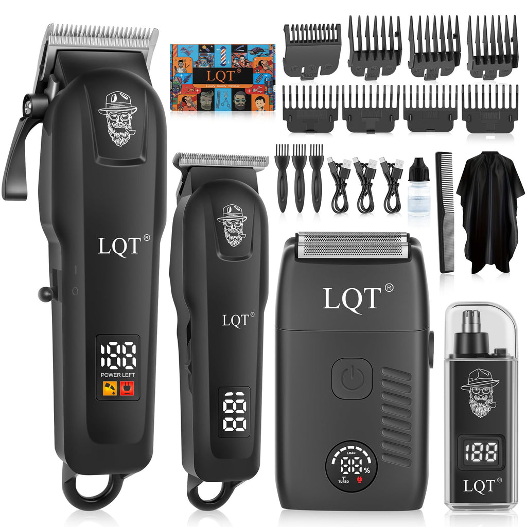 Hair Clippers for Men, 4-Piece Professional Grooming Kit Includes Hair Clipper, LED Power Display,Detail Trimmer and Nose Trimmer, Complete Cordless Set for Home Barber Use (Black)