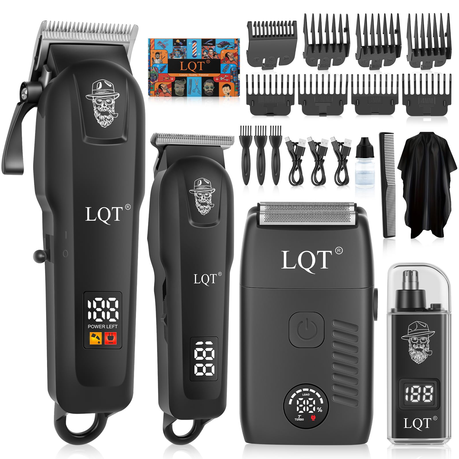 Hair Clippers for Men, 4-Piece Professional Grooming Kit Includes Hair Clipper, LED Power Display,Detail Trimmer and Nose Trimmer, Complete Cordless Set for Home Barber Use (Black)