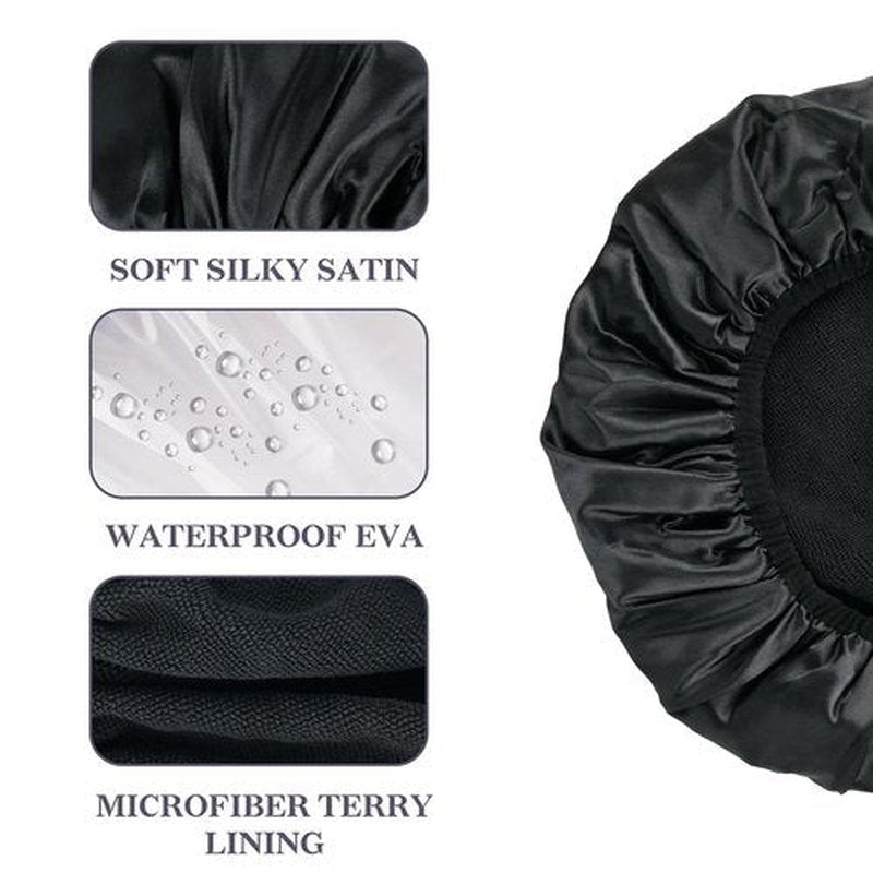 Skiennix Satin Shower Cap - Three-Layer Terry Cloth Lined, Waterproof & Reusable for Long Thick Hair | Large Size (Black)