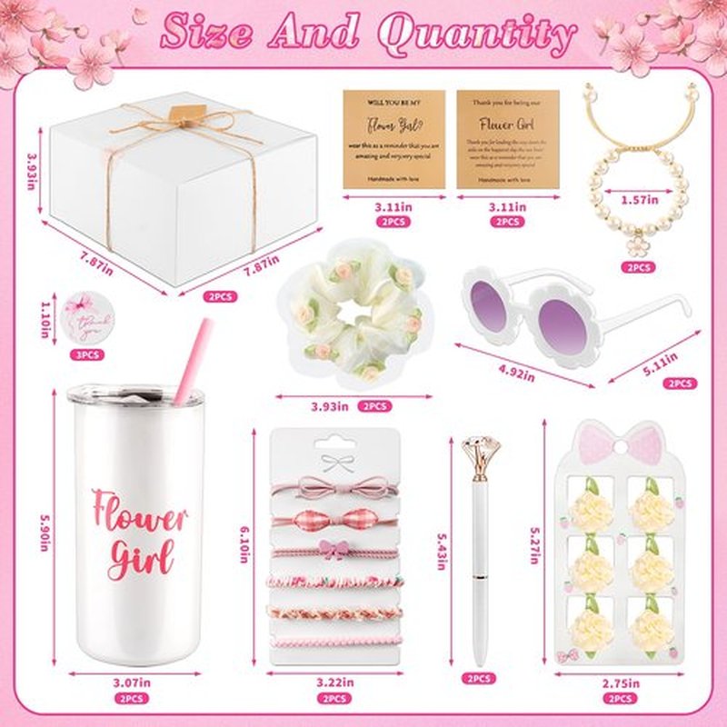 40pcs Flower Girl Proposal Gifts Set of 2, White 12oz Tumbler Sunglasses Pearl Bracelet Diamond Pen Hair Ties Flower Girl Sets for Little
