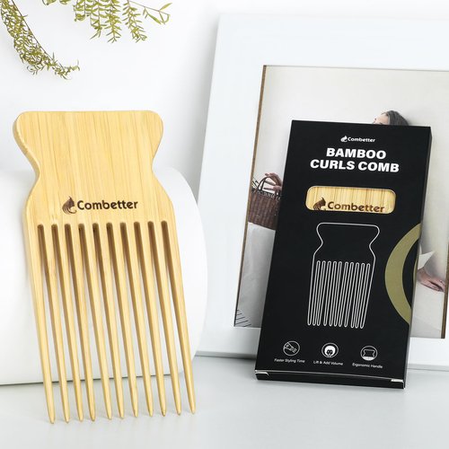 Combeter Bamboo Hair Pick Comb for Thick Curly Hair & Beard – Eco-Friendly Anti Static Afro Pick Wooden Comb for Detangling & Styling for Men, Women & Kids