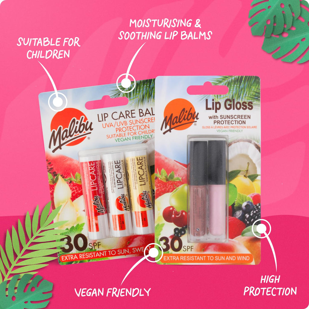 Malibu Lip Care Balm, Vanilla, Tropical, Strawberry, SPF30