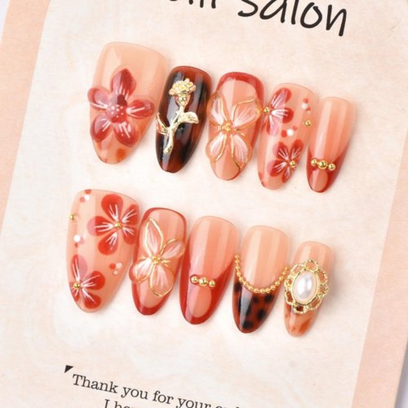 Almond Press on Nails Medium Fake Nails Red Artificial Nail with Gold Charm and 3D Floral Designs Cute Stick on Nail for Women 30pcs