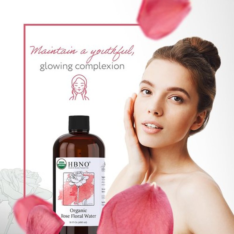 HBNO California Bottled Organic Rose Water for Face Huge 16 fl oz (480ml) Value Size - USDA Certified for Face - Pure Rose Water for Hair - Rosewater for Skincare, Haircare