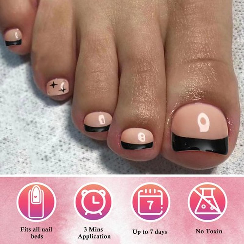 AddFavor 120pcs Press-on Toenails for Women, Black French Tip, Glossy Acrylic False Toenails