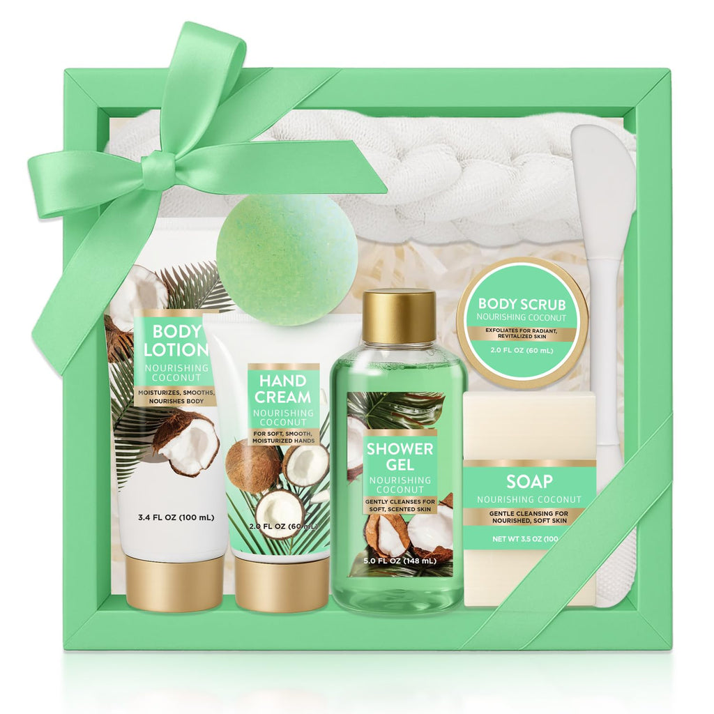 Spa Gift for Women, 8 Piece Luxury Coconut Bath Set with Bubble Bath & Bath Bombs Body Scrub Lotion Hand Cream, Bath Sets for Women Gift, Anniversary Present Birthday Gifts