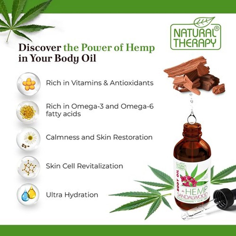 Natural Therapy Hemp & Sandalwood Body Oil – Moisturizing Body Oil – Hydrate & Soften Skin – Increase Skin Elasticity and Provide Anti-Aging Support (4 Fl.Oz)