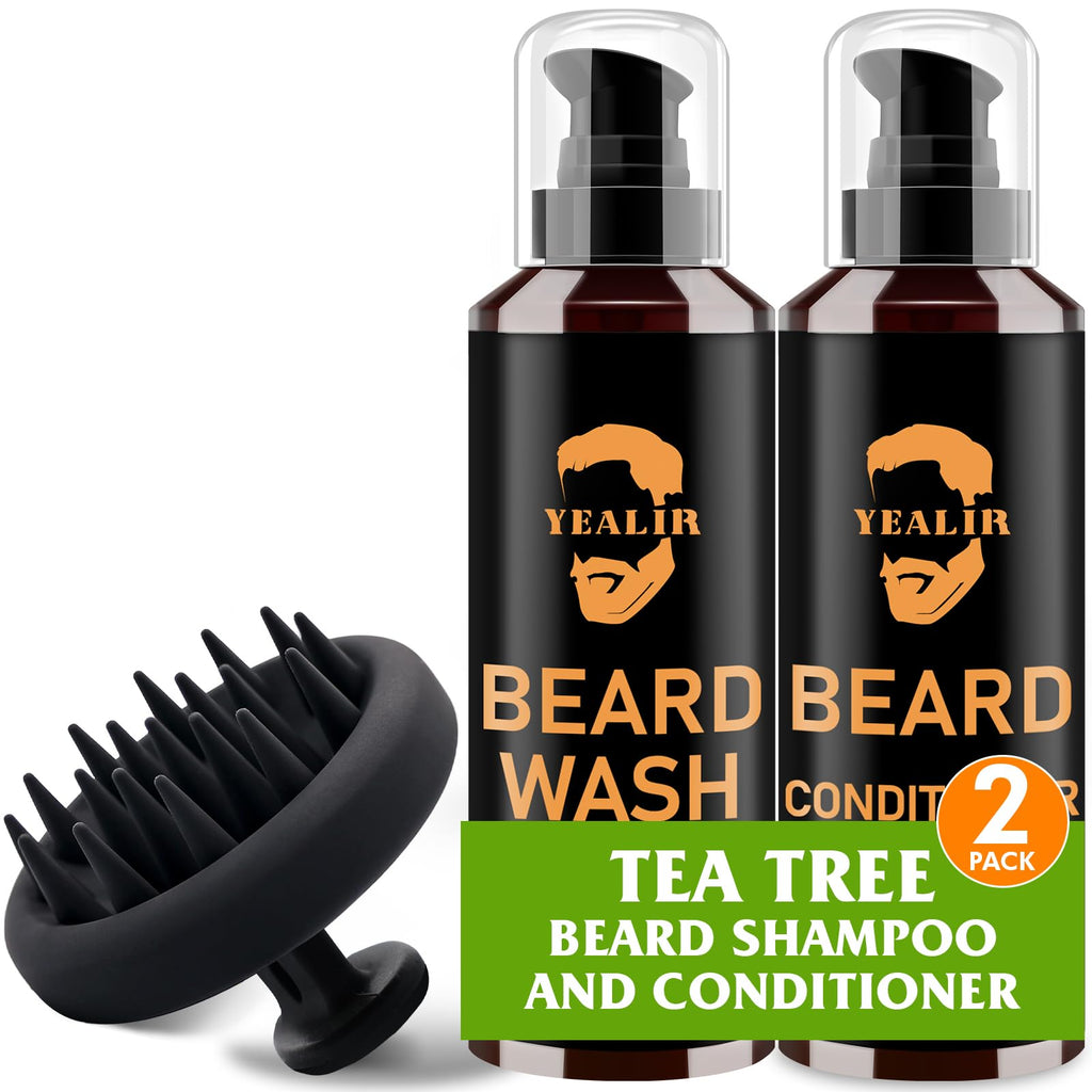 Beard Wash, Beard Conditioner w/Tea Tree Oils, Reduces Beard Dandruff & Relieves Itching, Strengthens, Softens and Nourishes Dry & Coarse Beards - Beard Shampoo w/Beard Brush 2 x 4 Fl Oz