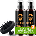 Beard Wash, Beard Conditioner w/Tea Tree Oils, Reduces Beard Dandruff & Relieves Itching, Strengthens, Softens and Nourishes Dry & Coarse Beards - Beard Shampoo w/Beard Brush 2 x 4 Fl Oz