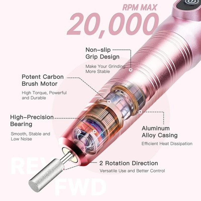 Quilive Cordless Nail Drill Kit Professional for Acrylic Gel Dip Powder Nails Portable Nail Drill Pedicure Manicure Tool Rechargeable Lightweight(Carmine)