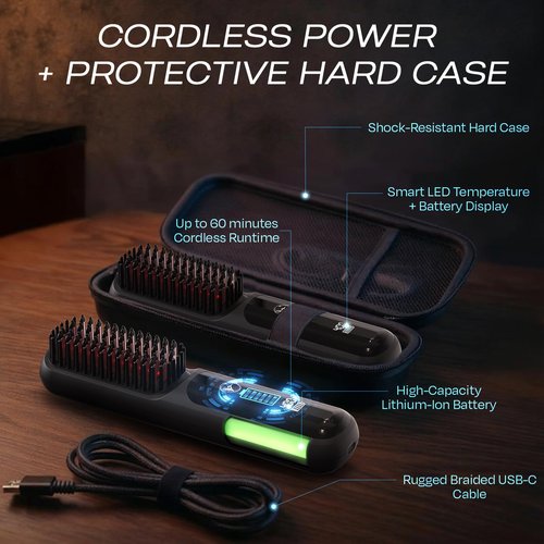 HUMMINGBIRD MK18 BeardBoss Cordless Beard Straightener for Men – Heated Beard Brush & Hot Comb, 5 Temp Settings, Anti-Scald Portable Hair Straightener, PTC Ceramic Heat, Infrared & Ionic, Travel Case
