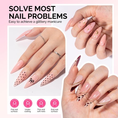 MelodySusie Builder Gel Nail Polish Set, Base Colors Nude Pink Clear 8 in 1 Nail Thickening Rubber Base Gel Polish,Soak Off UV Extension,Rhinestone Nail Glue in a Bottle Gift for Women 6 Colors
