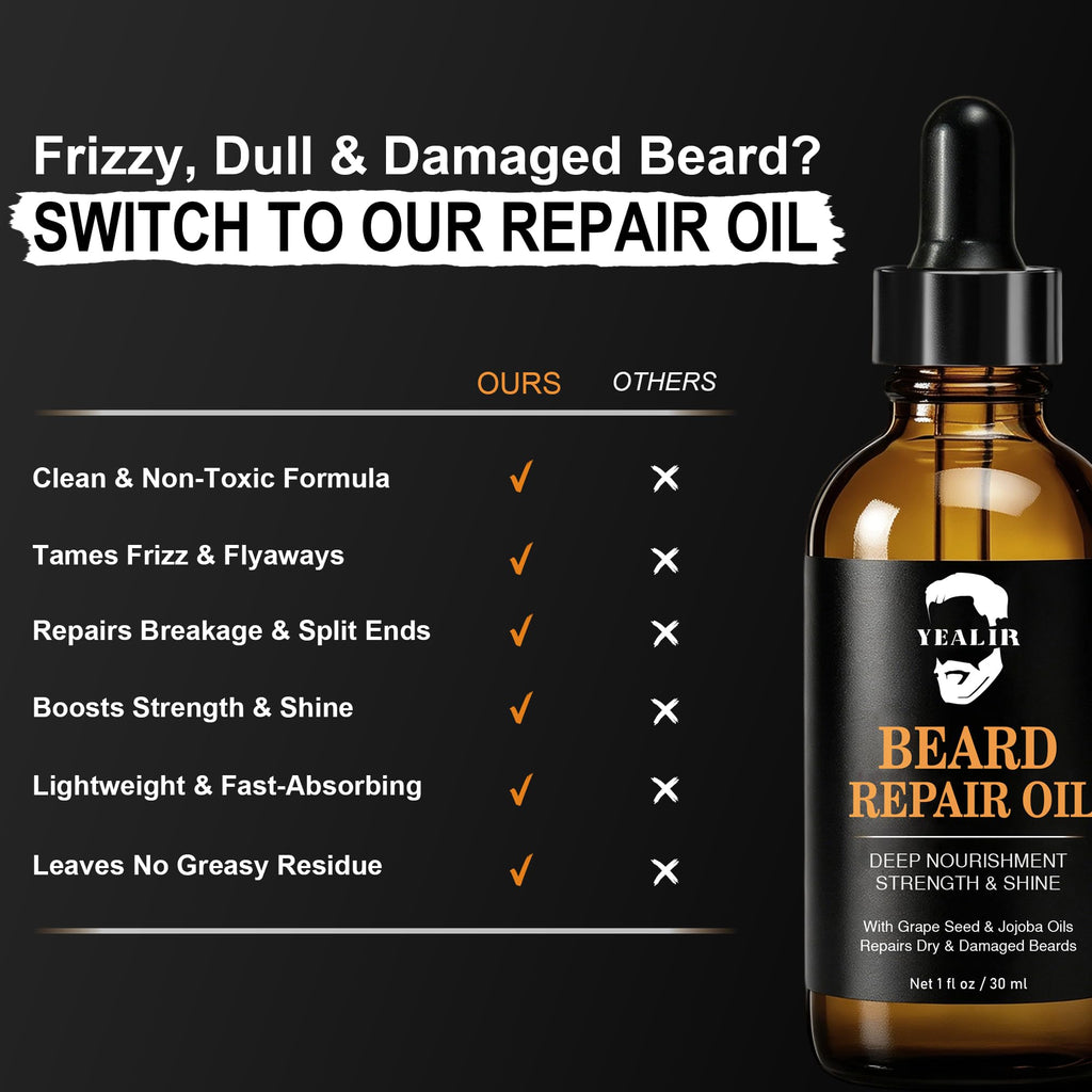 YEALIR Repair Beard Oil for Men - Repairs Breakage & Split Ends, Softens and Strengthens Dry & Damaged Beard, Lightweight, Non-Greasy, Beard Conditioner with Squalane & Argan Oil, Unscented, 1 Oz