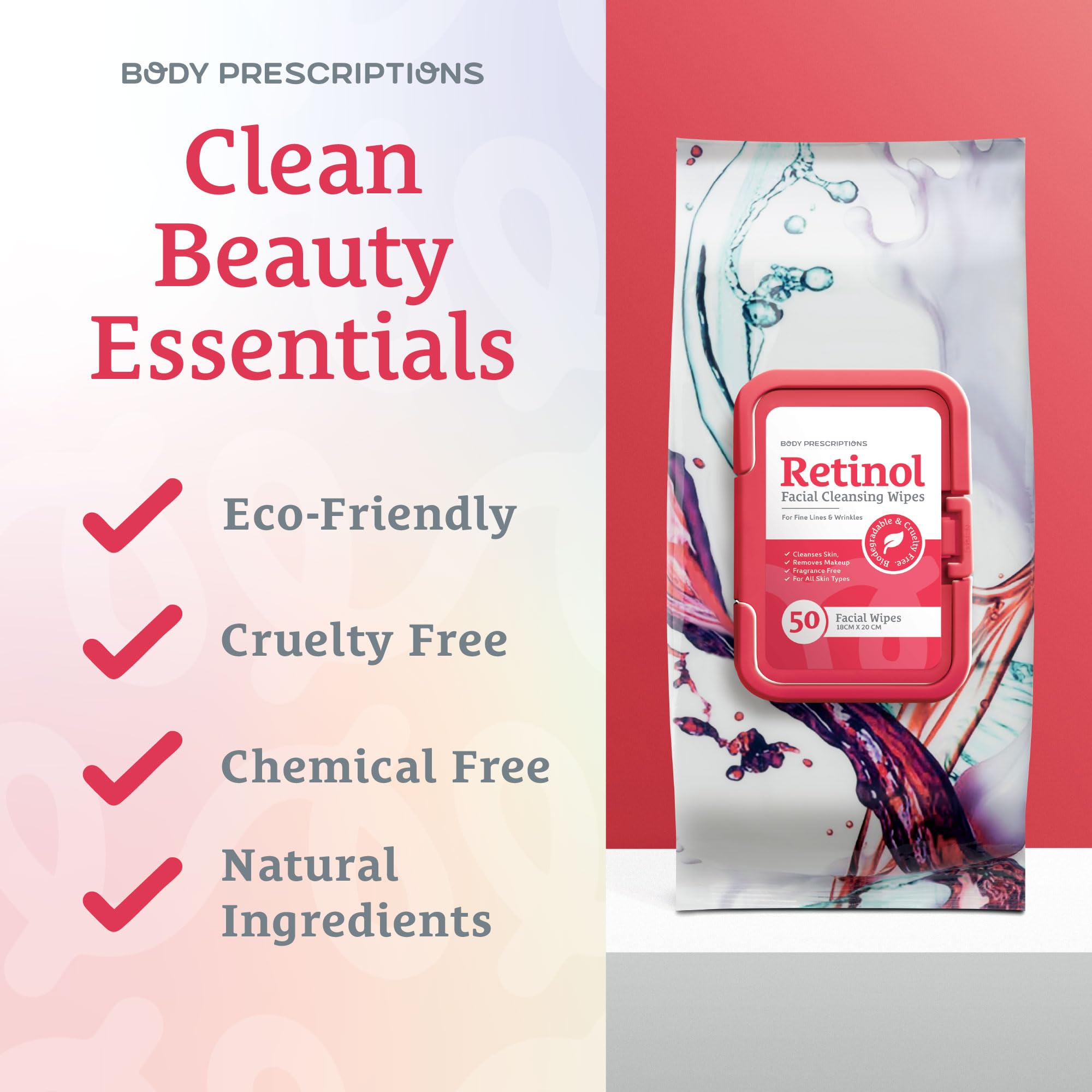 Body Prescription Makeup Cleansing Wipes - Gentle and Effective Face Wipes, 50 Count (Pack of 1), Retinol