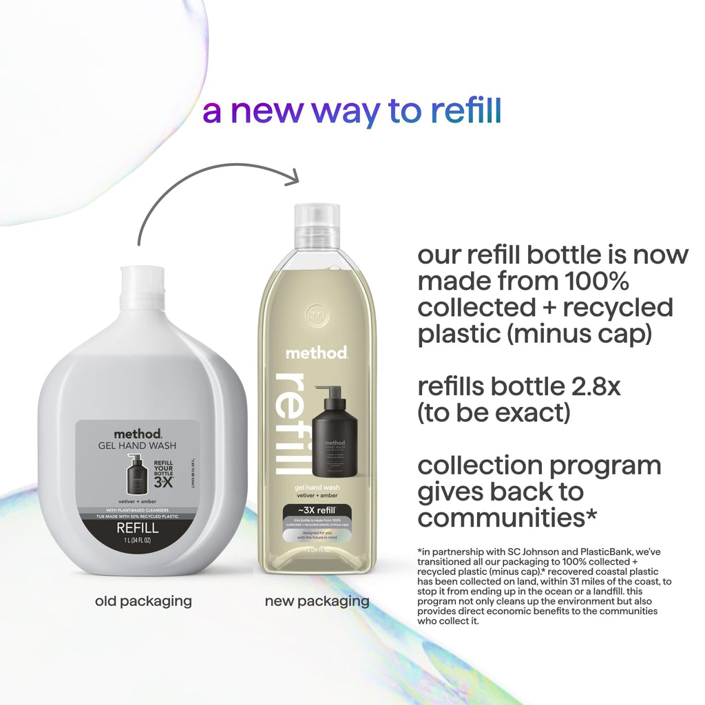 Method Premium Gel Hand Wash Refill, Vetiver + Amber, Recyclable Bottles, 34 fl oz (Pack of 4) (Packaging May Vary)