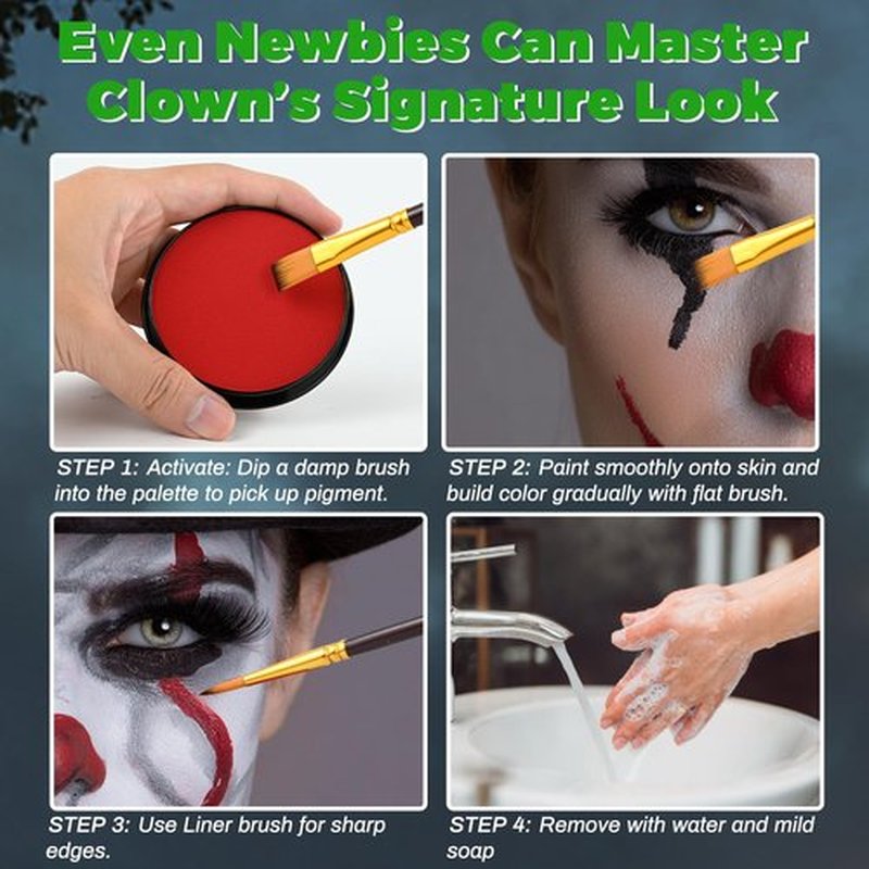 Clown Makeup Kit, Includes Red, Black & White Water Based Face Paint with 3 Face Paint Brushes & Temporary Green Hair Color Wax for Halloween Clown Makeup Costume & Cosplay