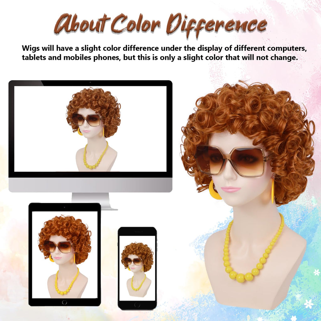 Yargel Hair Orange Wig for Women Landlady Costume Red Orange Curly Synthetic Wig With Yellow Jewelry Necklace+Earrings+Glasses Ginger Wigs For Cospaly Halloween Party Use