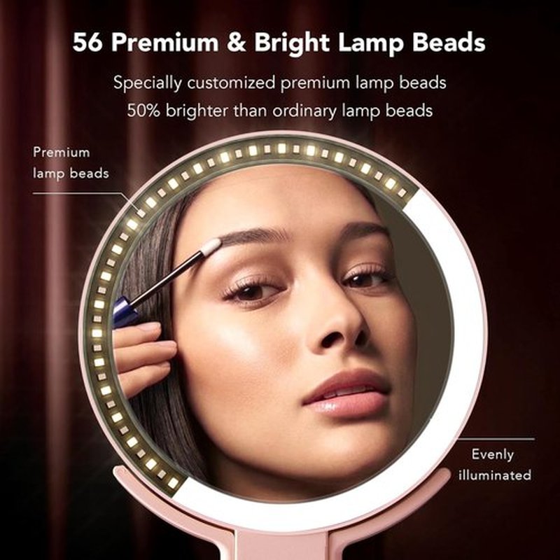 LitBear Travel Makeup Mirror - Rechargeable Double-Sided 10X/1X Magnifying Mirror | Dimmable Touch Screen, Pink