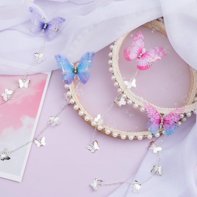 PAGOW 8 Pcs Butterfly Hair Tassel Clips Cute Alligator Barrettes Valentines Wedding Prom Birthday Hairpin Accessories for Women (Blue Purple Pink Gradient2)