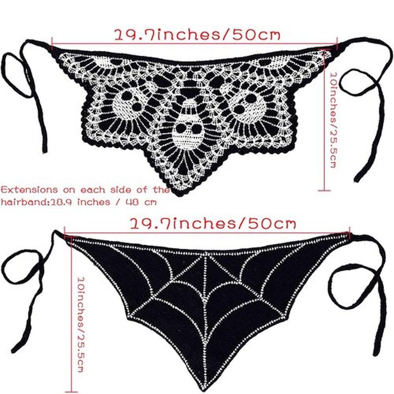 Acenail Halloween Headbands Black Skull Crochet Bandanas Headband Spider Web Triangle Hairband Gothic Head Scarf Tie Back Head Wraps Halloween Hair Accessories for Women 2Pcs (Black A, One Size)