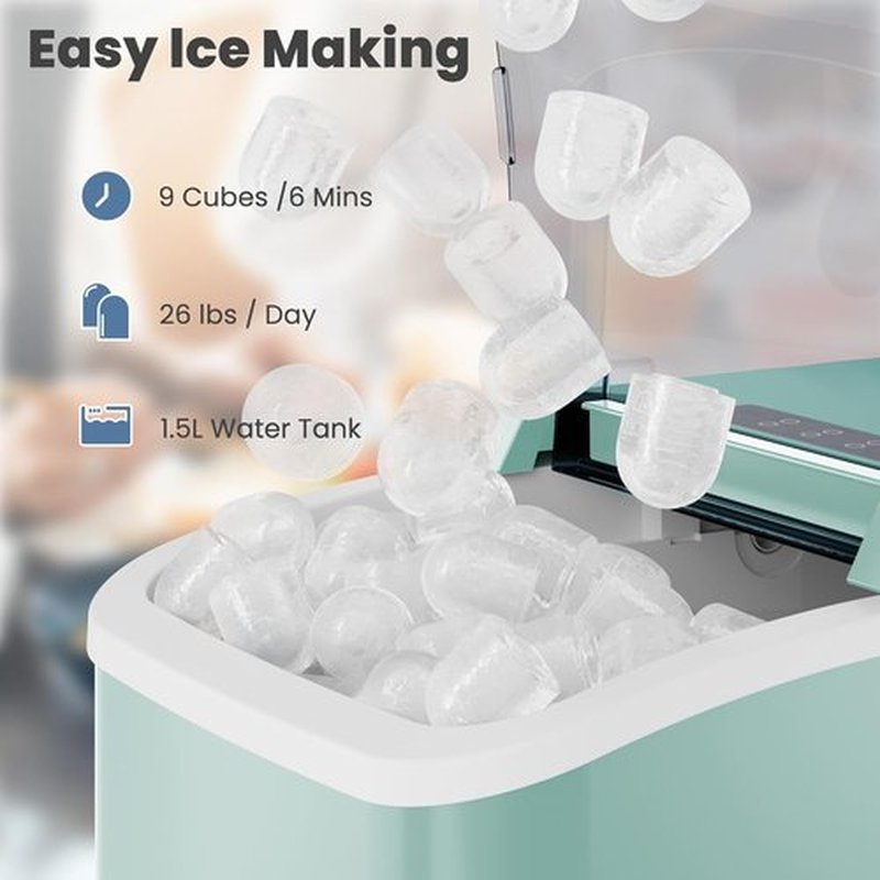 DUMOS Portable Ice Maker - 26Lbs/24H, Self-Cleaning, Quiet Design, 9 Bullet Cubes in 6 Mins - Green