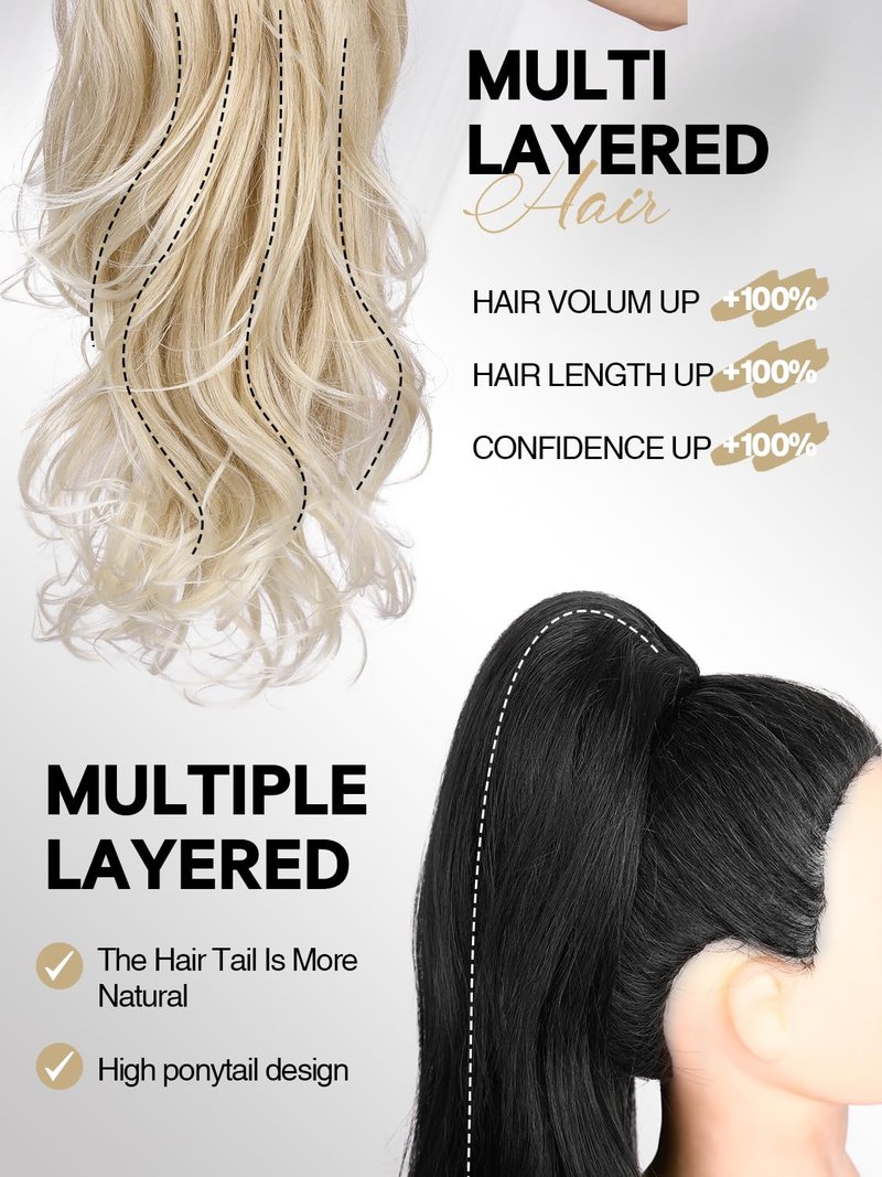 WIGER Ombre Blonde Ponytail Extension 26 Inch Drawstring Ponytail Extension for Women Long Wavy Layered Christmas Pony Tails Hair Extensions for Girls Daily Use