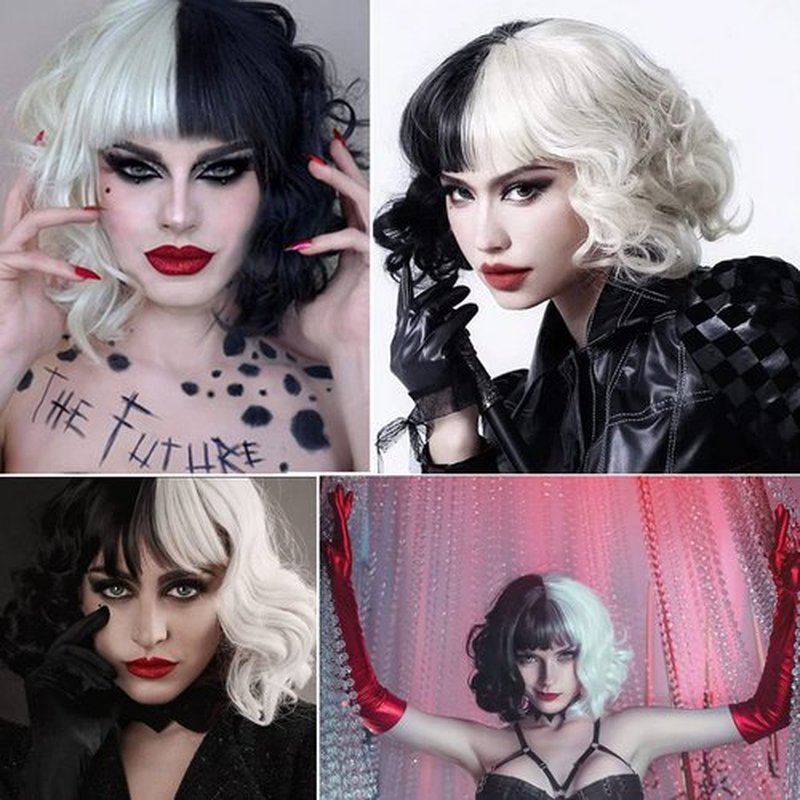 MAGQOO Half Black White Wig with Bangs Women Girls Short Curly Wavy Black and White Hair Wigs Wig Cap Included (12 Inches, Half Black White)