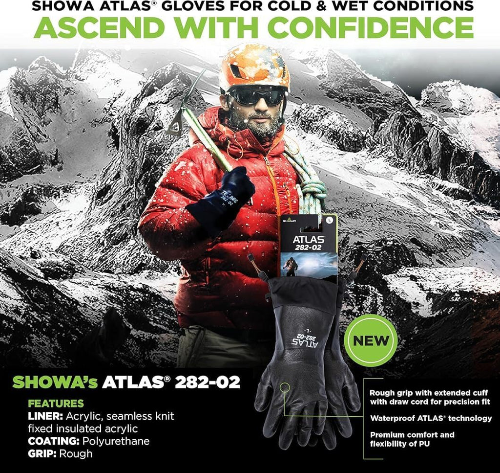 SHOWA TEMRES 282-02 Waterproof Insulated Winter Work Gloves, Breathable Polyurethane, Integrated Drawstring Gaiter Snow Cuff, Thermal Fleece for Skiing, Ice Fishing, Black, Large, 1 Pair
