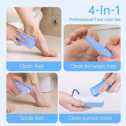 LIGOFLORA Glass Pumice Stone for Feet Callus Remover, 4-in-1 Foot Scrubber Kit with Dual-Sided Large Pumice Stones, Cone Foot Exfoliator and Nail Cleaning Brush, Blue & White