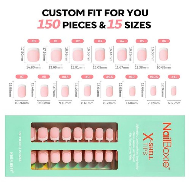 modelones French Tip Press on Nails, 150Pcs Extra Short Square Fake Nails with Nail Box, Pink Gel Nail Tips for Women, Soft Glue-On Nails for Natural Salon Look, DIY Nail Art Kit (15 Sizes)
