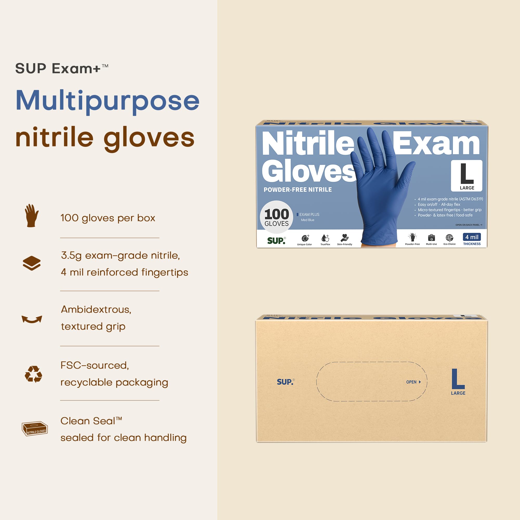 SUP Powder-Free Nitrile Exam Gloves, 100 Count, Food Safe Latex-Free Medical Non-Sterile Cooking Disposable Glove, Blue (Large)