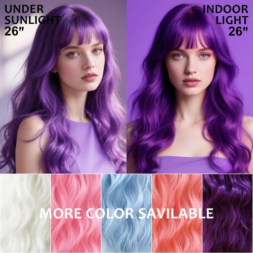 NOSTALGIA Purple Wig with Bangs Long Purple Wavy Wigs for Women 26 Inch Dark Purple Wigs Natural Looking Heat Resistant Synthetic Wig for Daily Party Use