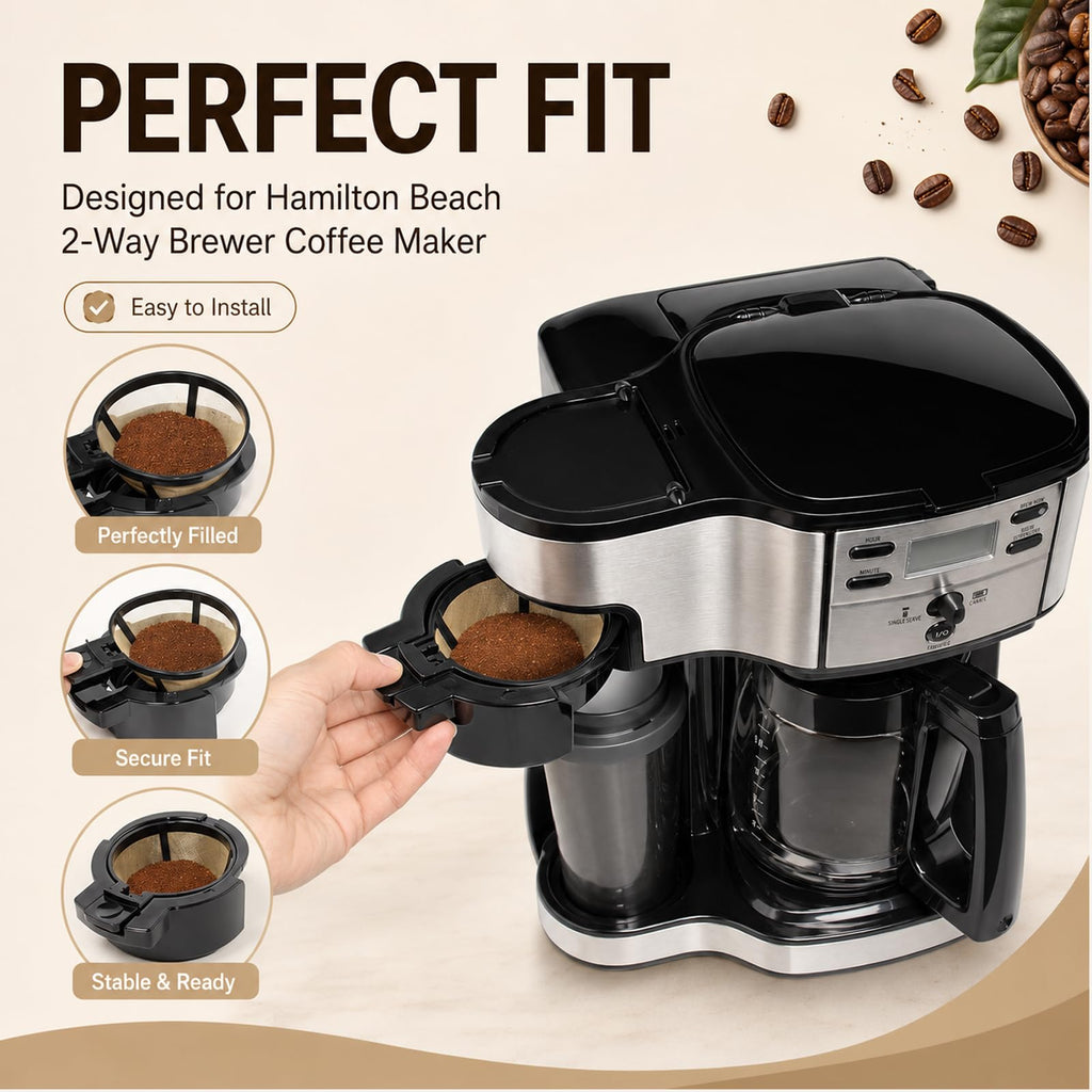Reusable Single Serve Brew Coffee Basket Scoop,Gold Coffee Filters Replacement Compatible with Hamilton Beach 2-Way Coffee Makers 49980A, 49980Z, 47650, 49933 Accessories,Pack of 2