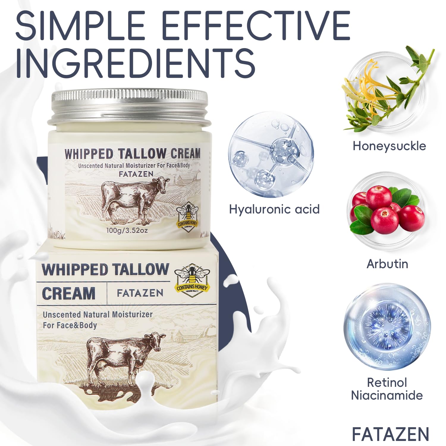 FATAZEN Grass Feed Handmade Whipped Beef Tallow Cream for Skin, Anti-Aging Skincare Face & Body Cream with Retinol & Niacinamide, Non Greasy hyaluronic acid Moisturizer for All Skin Type, 3.53 oz.