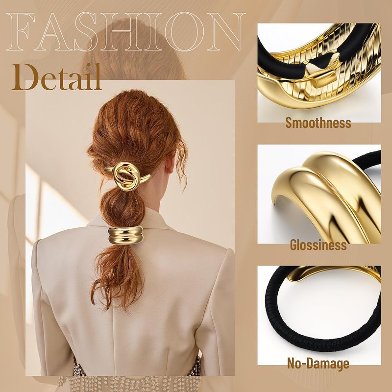 Yuxung 9 Pcs Gold Hair Tie for Women, Gold Cuffs, Metal Geometric Hair Ties Non-damage Ponytail Cuffs Holders for Thick and Thin Ponytails