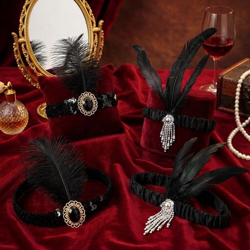 Ceenna 24 Pieces 1920s Flapper Headband Black Feather Headband Costume Flapper Headpiece 20s Rhinestone Hair Accessory for Women