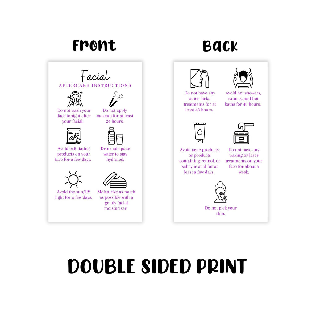 Boutique Marketing LLC Facial Aftercare Cards | 50 Pack | Size 2 x 3.5” inches Business Card Size | Esthetician | Aftercare Instructions White with Purple Text Design, black, white, purple