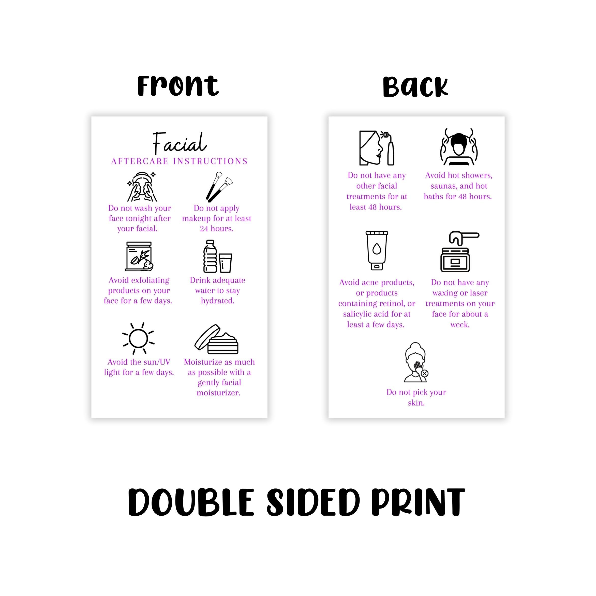 Boutique Marketing LLC Facial Aftercare Cards | 50 Pack | Size 2 x 3.5” inches Business Card Size | Esthetician | Aftercare Instructions White with Purple Text Design, black, white, purple