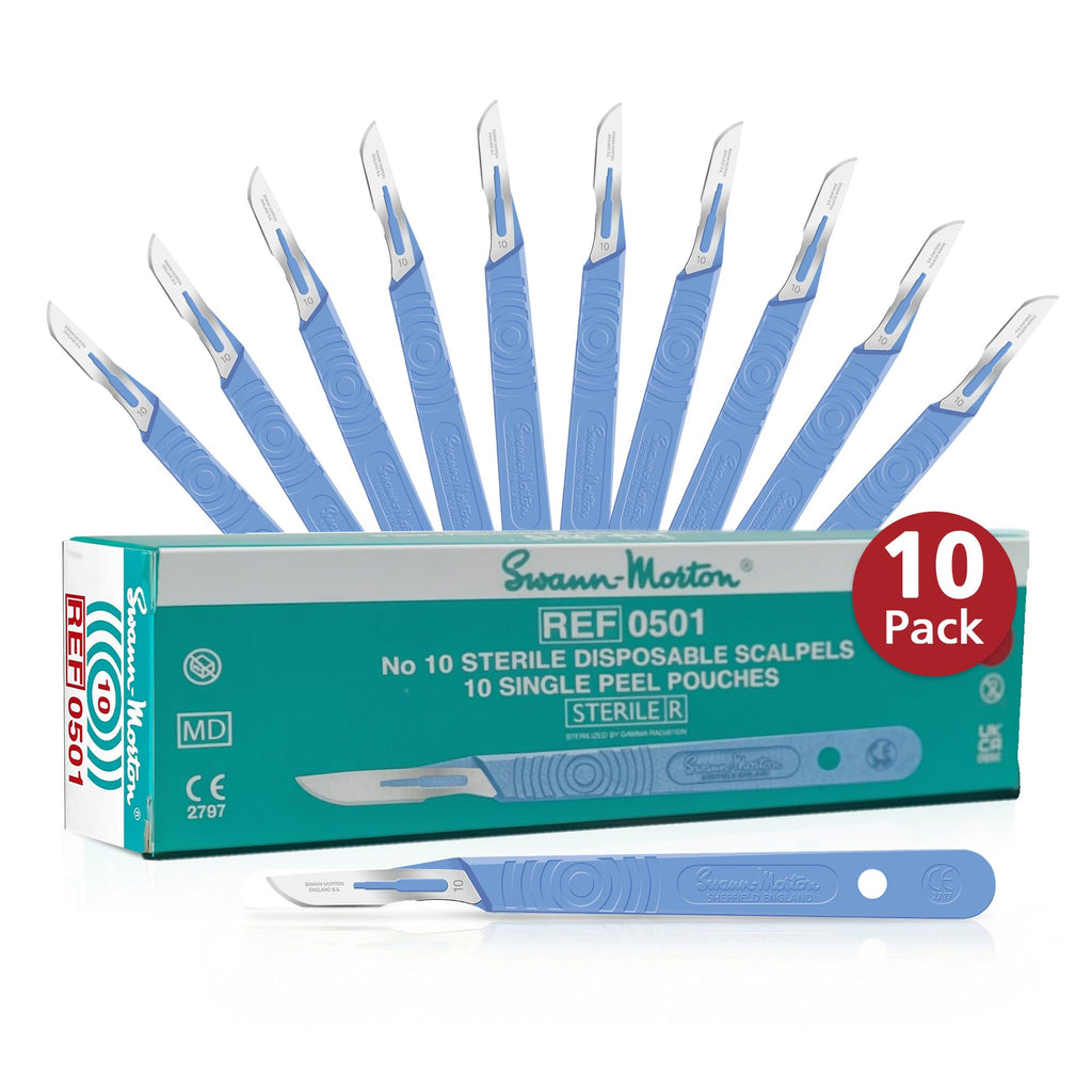 Swann Morton #10 Disposable Surgical Scalpel with Blade - Sterile Dermaplane Blade for Face, Dermaplaning for Women & Men, Beauty Tools for Estheticians - Individually Packed, Box of 10