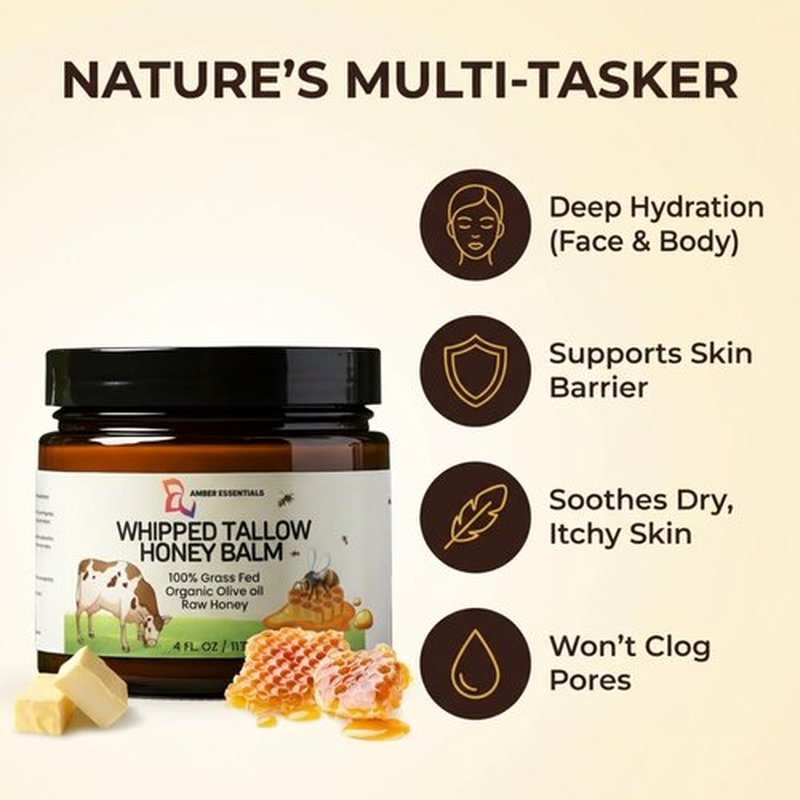 Beef Tallow for Skin & Face, Whipped Tallow Honey Balm Cream, 100% Grass-Fed Beef Tallow Face Moisturizer with Raw Honey, Natural Body Lotion & Skin Care for Women & Men, Unscented 4.2 oz